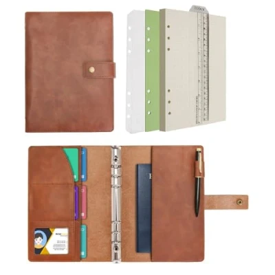 Imagen de Wonderpool Carpetas Diario de cuero Cuaderno recargable en espiral Papel cuadrícula puntos y bolsillos interiores real para viajes escolares Trabajo (Café, A5)