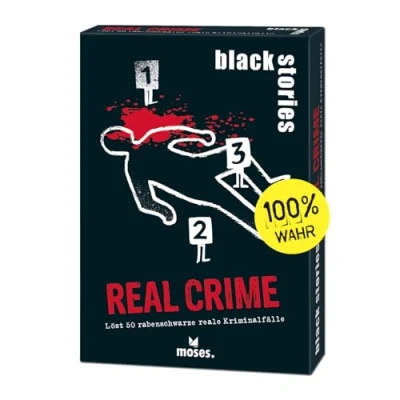 Imagen de moses Black Stories Crime 50 acertijos sobre Casos Criminales Reales Cartas con Variante fichas de Puntos, Juego Puzzles para Adolescentes y Adultos, Color Blanco (90046) [Edición en Alemán]