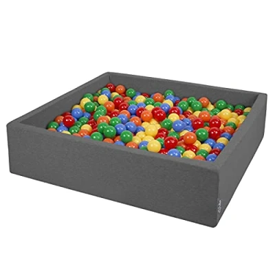Imagen de KiddyMoon Piscina De Bolas 120X30cm/600 El Cuadrado Grande para Ninos,Hecha En La UE, Gris Oscuro:Amarillo/Verde/Azul/Rojo/Naranja