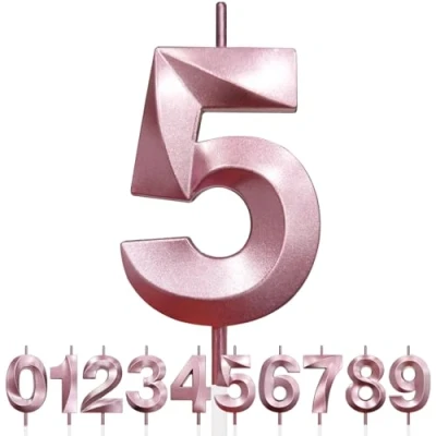 Imagen de Número 5 Vela de Cumpleaños con Purpurina oro rosa y Diseño 3D, Velas Números, Decoración Tarta, Tarta para Fiesta Cumpleaños, Aniversario Boda,