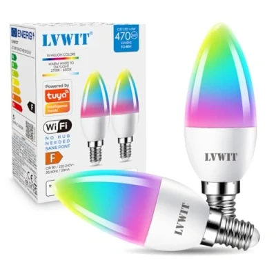 Imagen de LVWIT Bombillas Inteligente E14, Compatible con Alexa, Google Home Assistant y Smart Life/Tuya App, Bombilla Wi Fi Vela 5W 470 Lm, Lámpara Regulable LED C37 equivalente a 40W 2 Unidades.