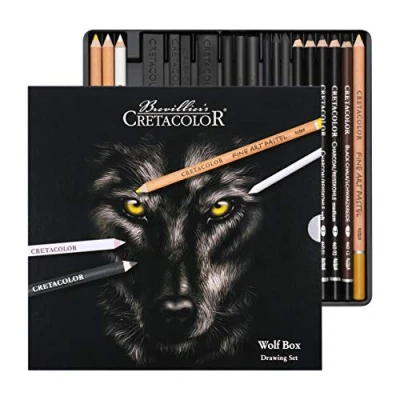Imagen de CRETACOLOR Wolf Box, Juego de Dibujo Blanco Negro, 25 Piezas, Utensilios Dibujo, Incl. Goma borrar amasada y sacapuntas Artista, Cuero para pulir
