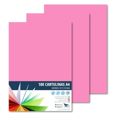Imagen de Raylu Paper® Cartulinas A4 100 unidades de color rosa, 180gr 210 x 297 mm, tacto suave, Ideal para encuadernación, trabajos oficina, dibujo, manualidades, aptas uso escolar. (Rosa Chicle)