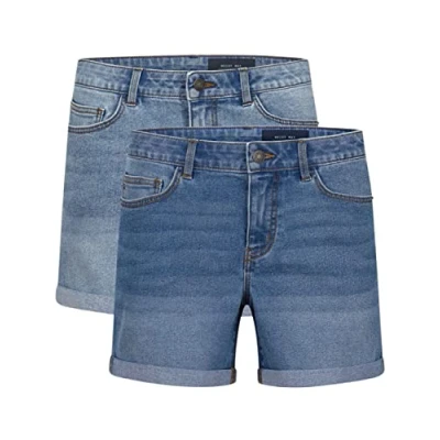 Imagen de NOISY MAY BeLucky pantalones cortos para mujer, paquete de 2 unidades, vaqueros cortos, básicos, algodón elástico, azul claro y medio (27028348),xL