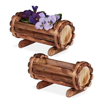 Imagen de Relaxdays Pack de 2 Macetas Madera, Efecto Quemado, Tiestos Flores, Decoración Jardín, Forma Barril, Diseño Retro, 11x20x9 cm, Natural
