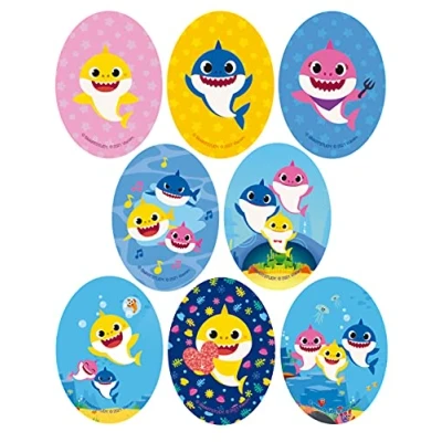 Imagen de 8 parches rodillera infantil serigrafiados para planchar en la ropa. Aplicaciones termoadhesivas reparar y decorar pantalones, chaquetas, jerseys, mochilas (Baby Shark)