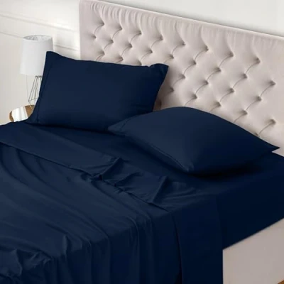 Imagen de Utopia Bedding Juego de Sabanas 4 Piezas 180x200 Poliéster Microfibra Cepillada Sábana Bajera, Plana y 2 Fundas Almohada 50x75 (Cama 180, Azul Marino)