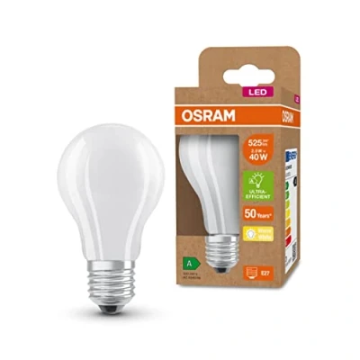Imagen de OSRAM Lámpara LED de ahorro energía, bombilla esmerilada, E27, blanco cálido (3000K), 2,5 vatios, sustituye a la 40W, altamente eficiente y bajo consumo, paquete 6