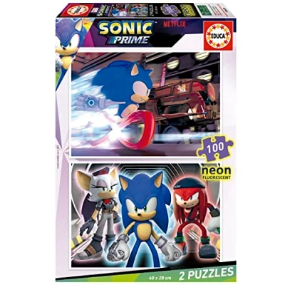 Imagen de Educa Sonic Prime Neon Set de 2 Puzzles con 100 Piezas Que Brillan en la Oscuridad. Medida aproximada una Vez montado: 40 x 28 cm. Compuesto por Grandes Piezas. +6 años (19629)