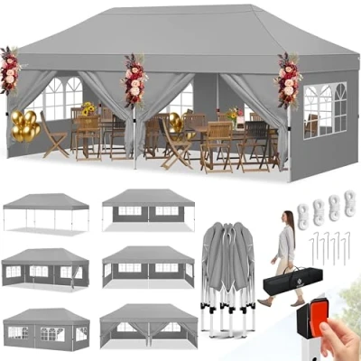 Imagen de KESSER® Pabellón 6x3m, Carpa con 6 Paredes Laterales Desmontables, Regulable en Altura e Impermeable + Bolsa y Anclaje al Suelo, Sistema de Clic, Protección UV 50+, para Fiestas, Gris Claro