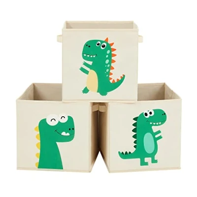Imagen de SONGMICS 3 Cajas de Almacenamiento Niños, Juego Organizadores Juguetes 30 x cm, Cubos Plegables con Asas, para Dormitorio, Sala Juegos, Patrones Dinosaurios, Beige RFB704W03
