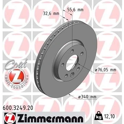 Imagen de ZIMMERMANN COAT Z 600.3249.20 Disco de freno 340 33 6/5 5 120 ventilación interna revestido altamente carbonizado VOLKSWAGEN: Transporter Bus