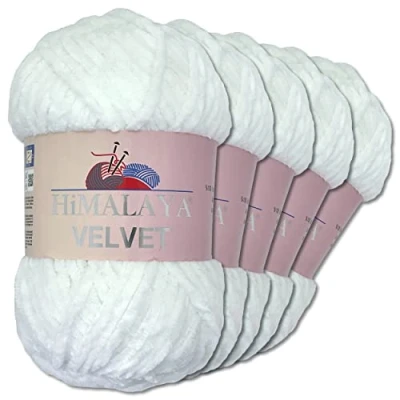 Imagen de Wohnkult Himalaya 90001 5 ovillos de 100 g lana delfín aterciopelada, 40 colores a elegir, chenilla, hilo para tejer brillante, accesorio ropa, (90001, blanco nieve)
