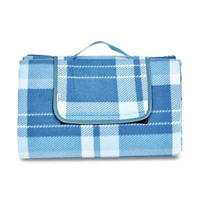 Imagen de Amazon Basics Accesorio de viaje Manta para pícnic con base impermeable, 200 x cm, Blanco/Azul