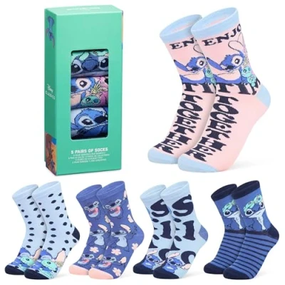 Imagen de Disney Calcetines Altos, Conjunto Divertidos para Mujer, Pack de 5 Pares (Azul/Stitch Melocotón)