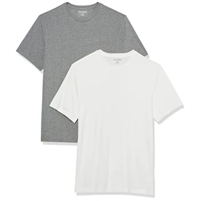 Imagen de Amazon Essentials Camiseta de Manga Corta, Cuello Redondo y Corte Ajustado Hombre, Pack 2, Blanco/Gris Mezcla, S