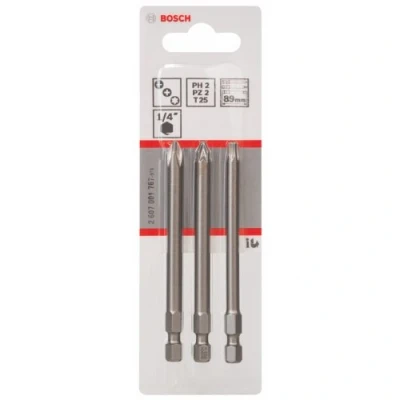Imagen de Bosch 2 607 001 767 Juego de 3 pzas. puntas atornillar extraduras PH2; PZ2; T25; 89 mm (pack 3)