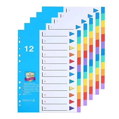 Imagen de Divisores de archivos A4(5 unidades) Separadores 12 Partes,Número 1 12,Divisores con 11 Agujeros y Pestañas Multicolor para La Oficina Doméstica
