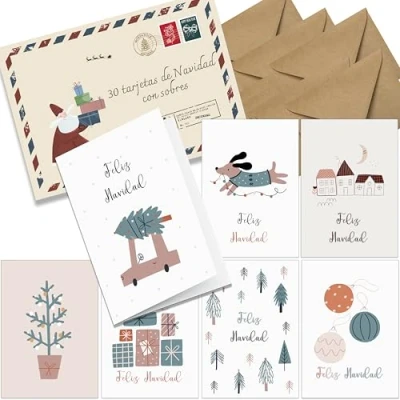 Imagen de the lazy panda card company tarjetas de Navidad con sobre set 30 En español A6 plegables felicitación