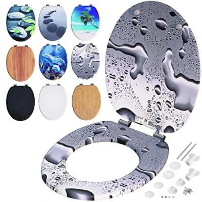 Imagen de CASARIA® Asiento Inodoro Tapa WC Estándar Cierre Suave Automático Antibacteriano MDF Bisagras Inox. Gotas