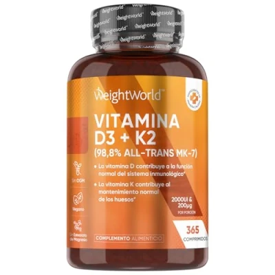 Imagen de Vitamina D3 y K2 2000 UI + 200 µg 365 Comprimidos D MK7 100% All Trans para los Huesos, el Sistema Inmune Músculos Vegano, sin Estearato de Magnesio 1 Año Suministro