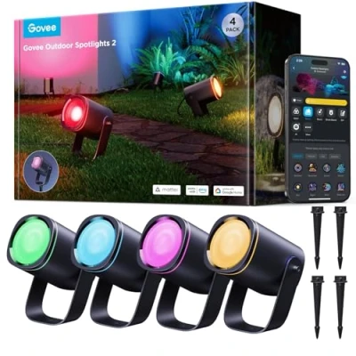 Imagen de Govee Focos Para Exterior 2, Iluminación de Jardín Resistente al Agua IP67, Foco RGBWIC, 700 lm Regulable, 69 Modos Escena y 16 mil Colores, Funciona con Alexa, Google Assistant, Matter. 4 paquetes