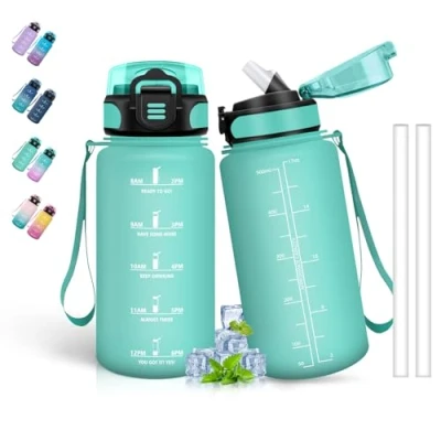 Imagen de Botella Agua 500ml, Niños, A Prueba de Fugas, con Pajita, Botellas Niños Colegio, Reutilizable, Cantimplora Infantil para la Escuela, Oficina, Viajar, Correr, Verde