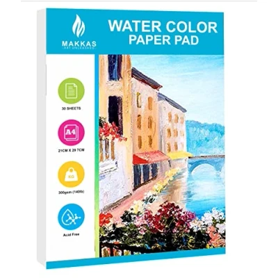 Imagen de Makkas Bloc de papel acuarela A4, 30 hojas 140 libras / 300 GSM, mezcla algodón, grado estudiantil, incluye solo bloc, cuaderno bocetos prensado en frío y sin ácido