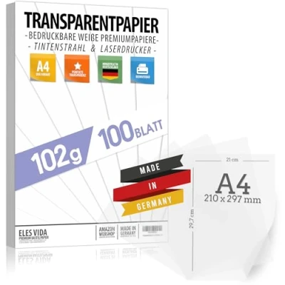 Imagen de 100 hojas de papel DIN A4 transparente PREMIUM 102g para autoimpresión, manualidades farolillo calco calco, película transferencia tarjetas lugar linterna