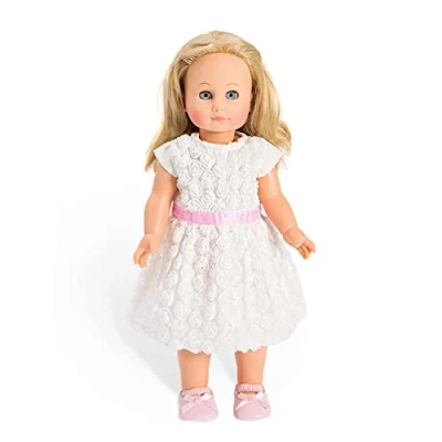 Imagen de Heless 1650 Vestido de ensueño para muñecas en blanco, con florecillas y faja rosa, talla 28 35 cm