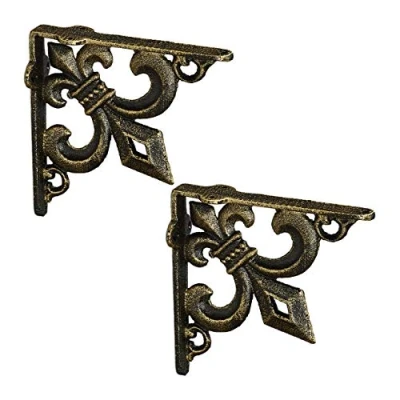 Imagen de Relaxdays Escuadras Estantería Envejecidas, Set 2, Soportes Balda Hierro Fundido, Flor de lis, Retro, Color Bronce, 14,5 x 3,5 cm