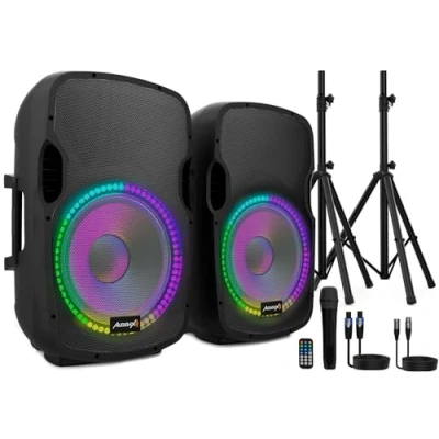 Imagen de Audibax Party 215 Set de 2 Altavoces Activo y Pasivo 15&quot; Potencia 500W Altavoz Amplificado Conexión USB/SD Soporte + Cable Micrófono Incluidos Bluetooth Iluminación LED