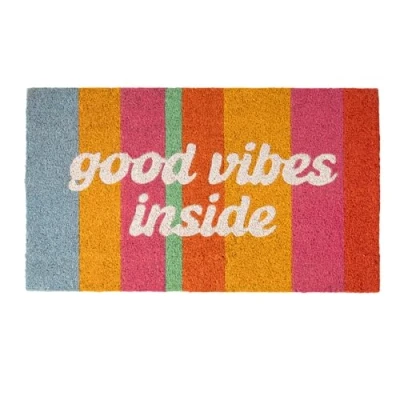 Imagen de Fisura Felpudo Entrada casa “Good Vibes Inside de Coco con Base Antideslizante PVC. Original Multicolor Pintado a Mano. Medidas : 70 cm x 40