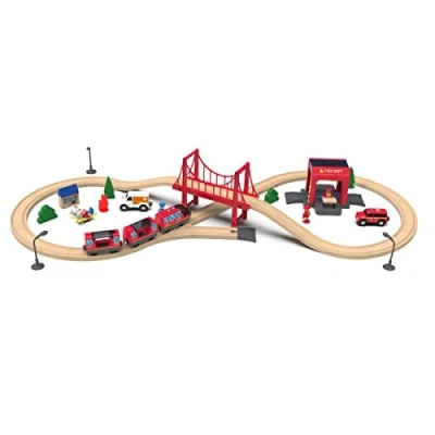 Imagen de Leomark Tren de Madera con un Equipo Rescate 51 Piezas, Madera, Set Circuito Juguete