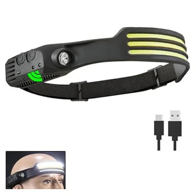 Imagen de linterna frontal con sensor COB LED, de cabeza recargable por USB, 5 modos iluminación (COB 3 blanco)