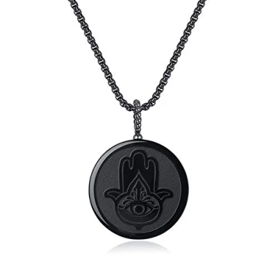 Imagen de COAI Collar de Acero Inoxidable con Colgante Mano Fátima Obsidiana Piedra Natural para Hombre