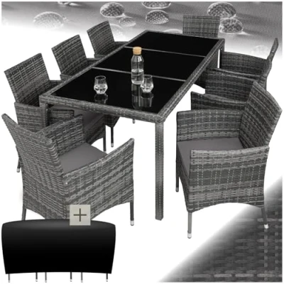 Imagen de tectake® Conjunto Jardín Exterior de Ratán y Acero con Cojines, Muebles Resistentes a la Intemperie , para hasta 8 Personas, Fácil Limpieza, Funda Protectora gris mot./gris