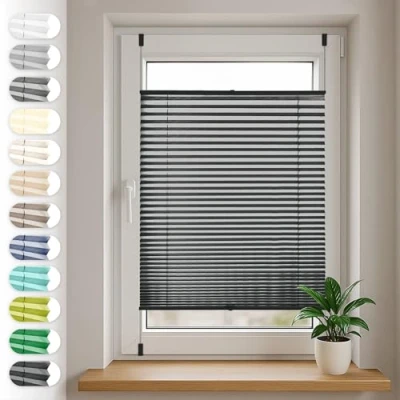 Imagen de Sonello Estor Cortina Plisada sin taladrar 60cm x 200cm Negro, Enrollable Plisado para Puerta y Ventana persianas protección de la intimidad Solar estores palisados