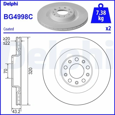 Imagen de DELPHI BG4998C Disco de freno 320 22 5 ventilado revestido sin procesar cojinete rueda, anillo sensor ABS ALFA ROMEO: Stelvio, Giulia Berlina
