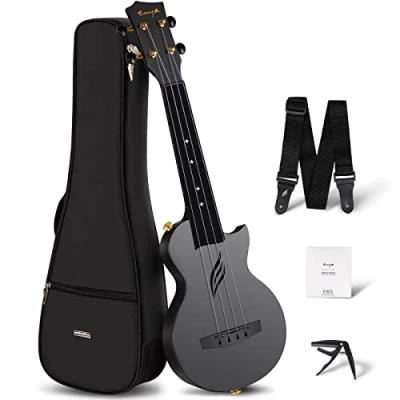 Imagen de Ukelele Soprano Nova U Mini Simple 21 pulgadas de viaje fibra carbono con kit para principiantes incluye estuche, correa, capo y cuerdas (negro)