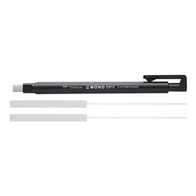 Imagen de Tombow Mono zero Borrador de precisión con punta cuadrada, recargable, 2,5 x 5 mm, color negro + 2 gomas borrar recambio