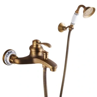 Imagen de Grifo De Bañera Ducha Vintage Antiguo Estilo Latón Monomando Montaje En Pared Mezclador Baño Y Con Mano 150 Cm Manguera Ducha, Acabado