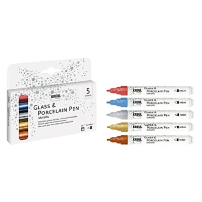 Imagen de KREUL 16430 Glass &amp; Porcelain Pen Metallic Juego de 5 rotuladores opacos con punta media indeformable para vidrio y porcelana Ancho trazo aprox. 2 4 mm Colores metálicos