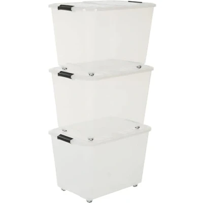 Imagen de Iris Ohyama, Caja de almacenamiento plástico, oficina 60 l, Lote 3, TBRH 60, Transparente, Apilable, Clips cierre A39 x F57,5 A38 cm