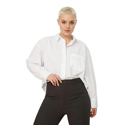 Imagen de TRENDYOL Mujeres Recta Manga Larga Regular Más Talla Camiseta, Blanco, 48