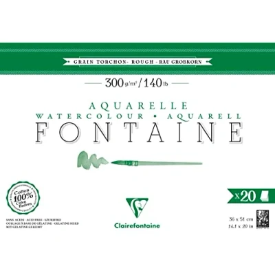 Imagen de Clairefontaine 975509C Bloc Pegado 4 Caras Fontaine 20 Hojas Papel Acuarela Blanco 100% Algodón Grano Paño De Cocina Calidad Profesional 36x51 cm 300g
