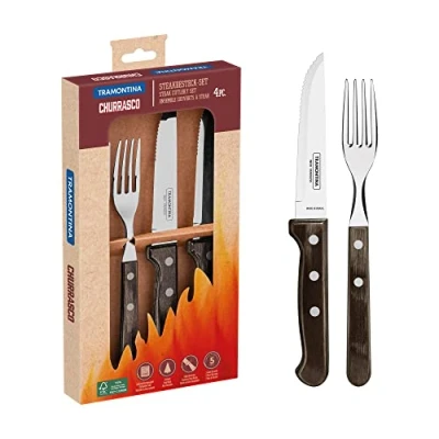 Imagen de Tramontina 29899 312 Gaucho Juego de 4 cubiertos para carne, 2 cuchillos y tenedores, acero inoxidable, mango madera, FSC, AISI (Instituto americano del hierro el acero) 420