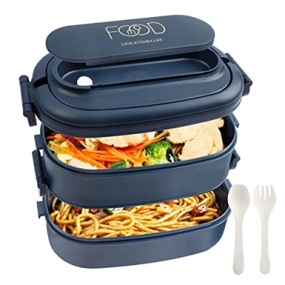 Imagen de OITUGG Fiambrera 2 Capa 1550ml Lunch Box Bento con 3 Compartimentos y Cubiertos Loncheras para Niños Infantil Adulto, Sin BPA, Microondas, 19.2 x 11.5 12cm, Azul