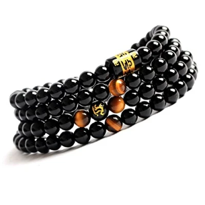 Imagen de COAI® Pulsera Collar de Ojo Tigre Tibetano y Ónice Negra Mala para Muñeca 15cm a 17.5cm