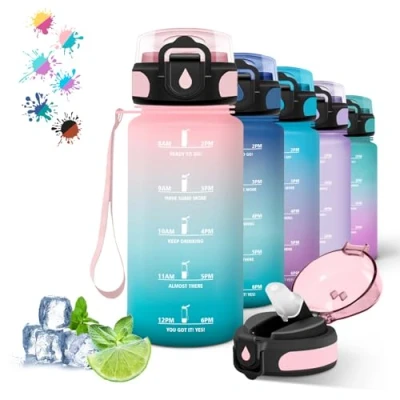 Imagen de Botella Agua Niños, 500ml Agua, Motivacional con Pajita, A Prueba de Fugas, Reutilizable Marca Tiempo, para Café, Jugo, Té, Leche, Rosa cian